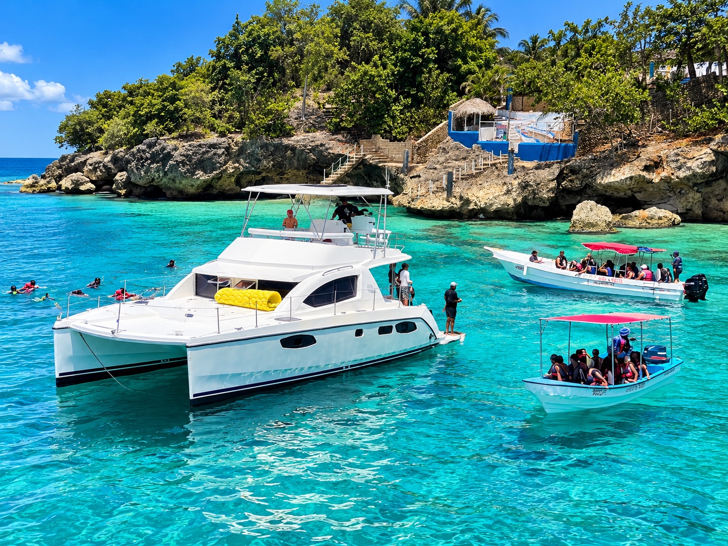 White catamaran in a turquoise cove during an excursion