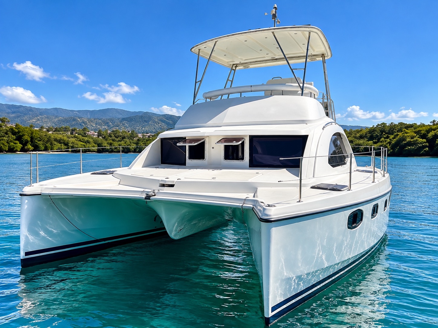 Front view of the white catamaran on calm water