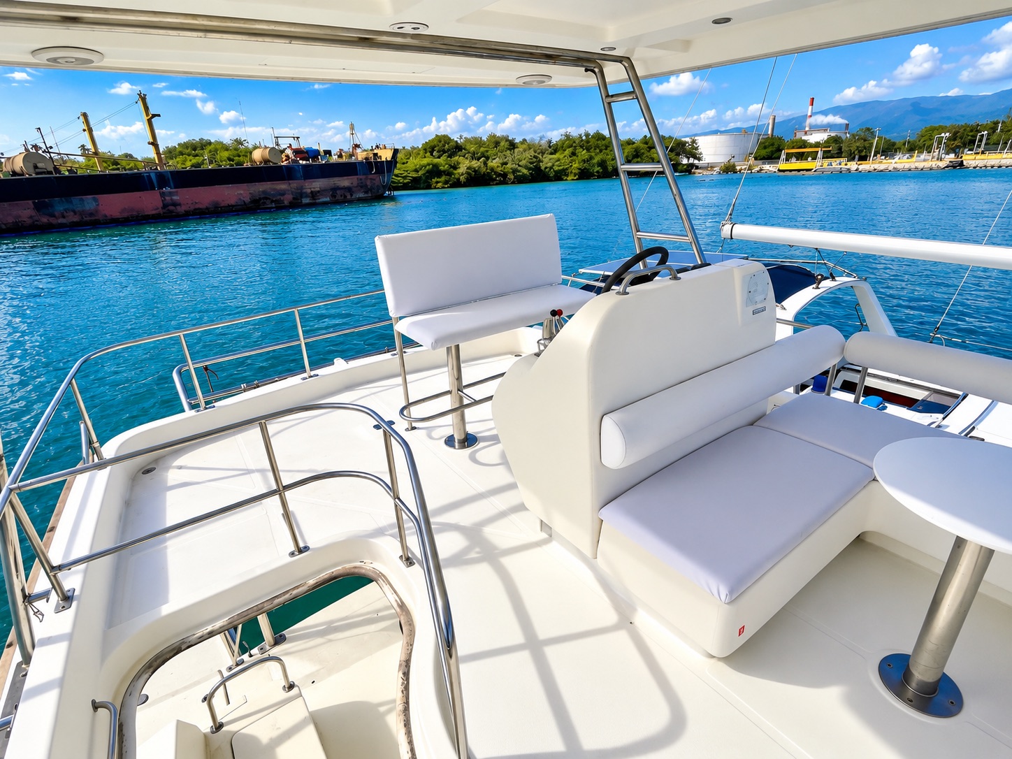 Upper catamaran deck with seating and coastal views