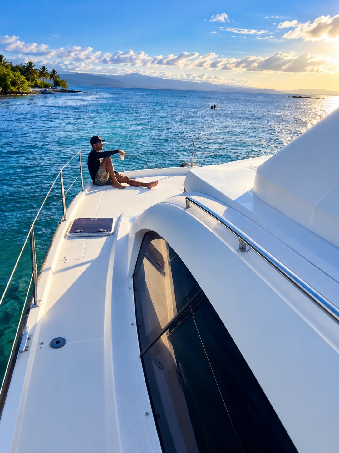 Guest relaxing on the catamaran bow near sunset