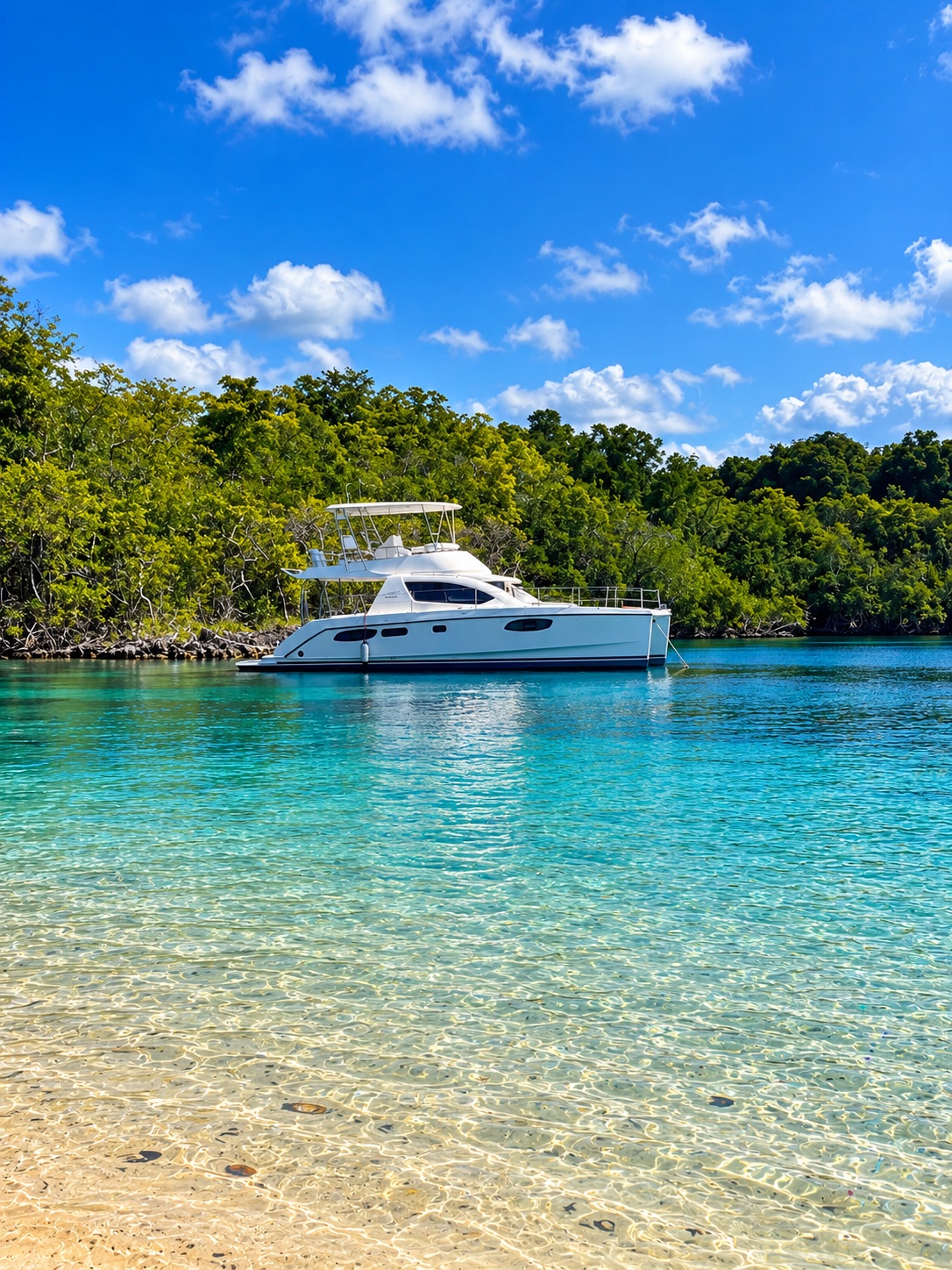 Catamaran anchored off a tropical shoreline