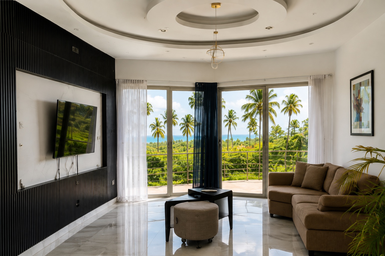 Villa Luna living room with floor-to-ceiling ocean views
