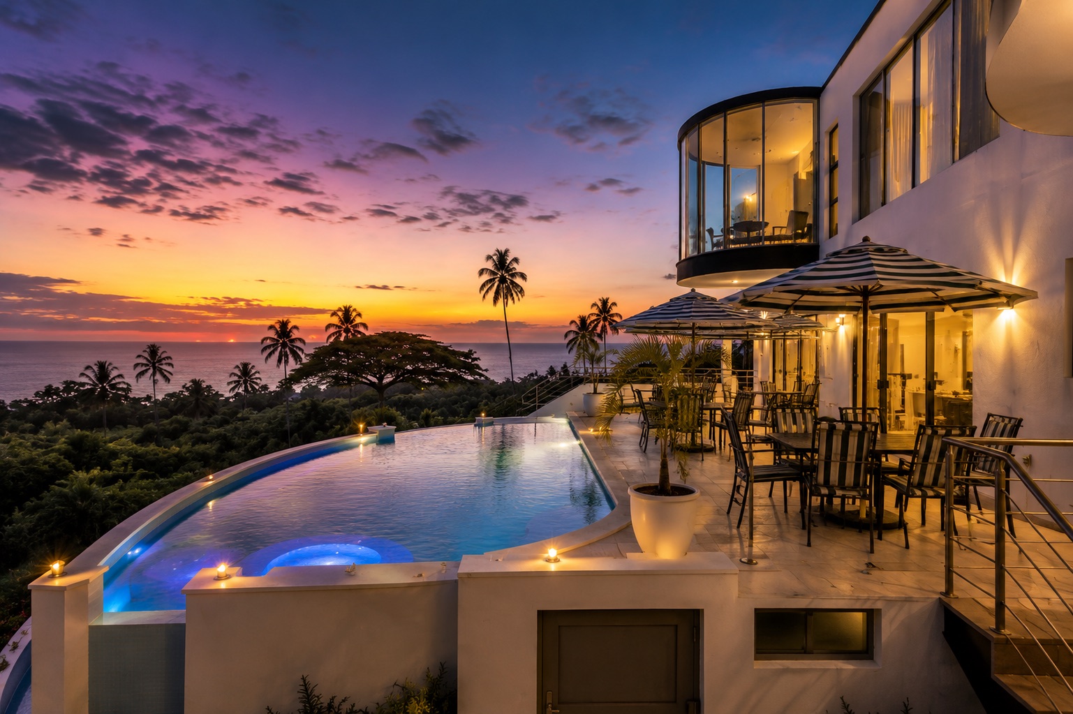 Villa Luna pool and terrace at a vivid Caribbean sunset